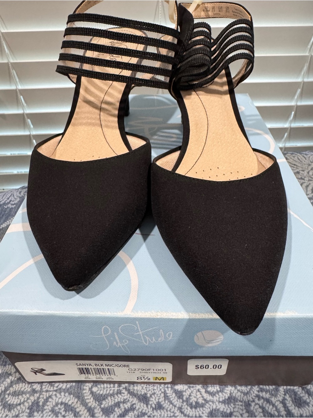 Life Stride Black Pointed Toe Slingback Heels with Striped Ankle Strap - Picture 4 of 5